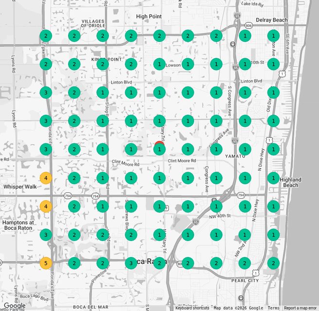 Google Maps ranking grid for a Boca Raton dentist search, almost every point in the top 3